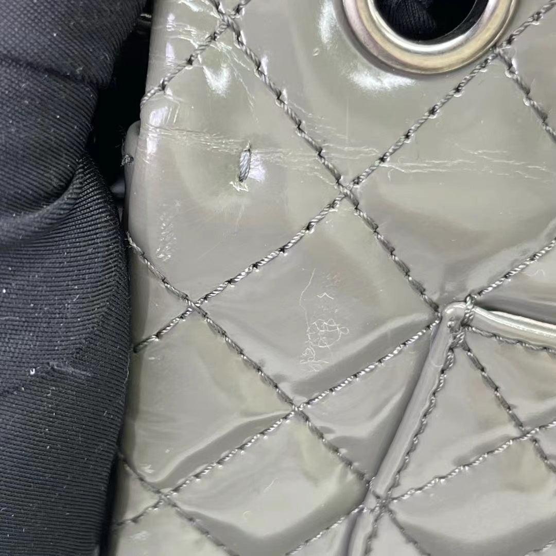 Chanel 2.55 Flap Bag Patent Leather Double Bottom Small Grey For Sale 13