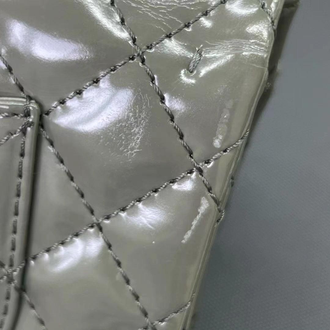 Chanel 2.55 Flap Bag Patent Leather Double Bottom Small Grey For Sale 15