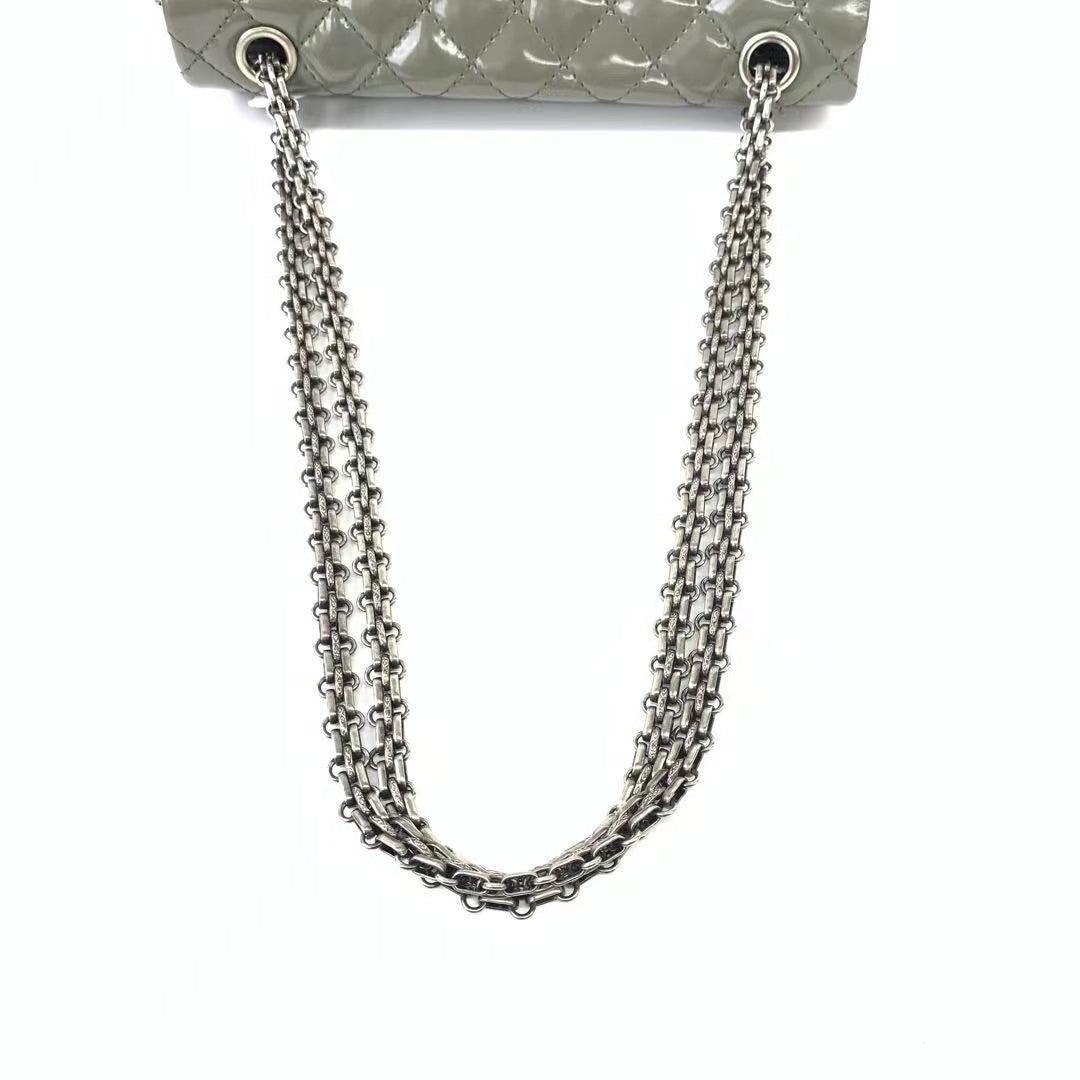 Chanel 2.55 Flap Bag Patent Leather Double Bottom Small Grey For Sale 2