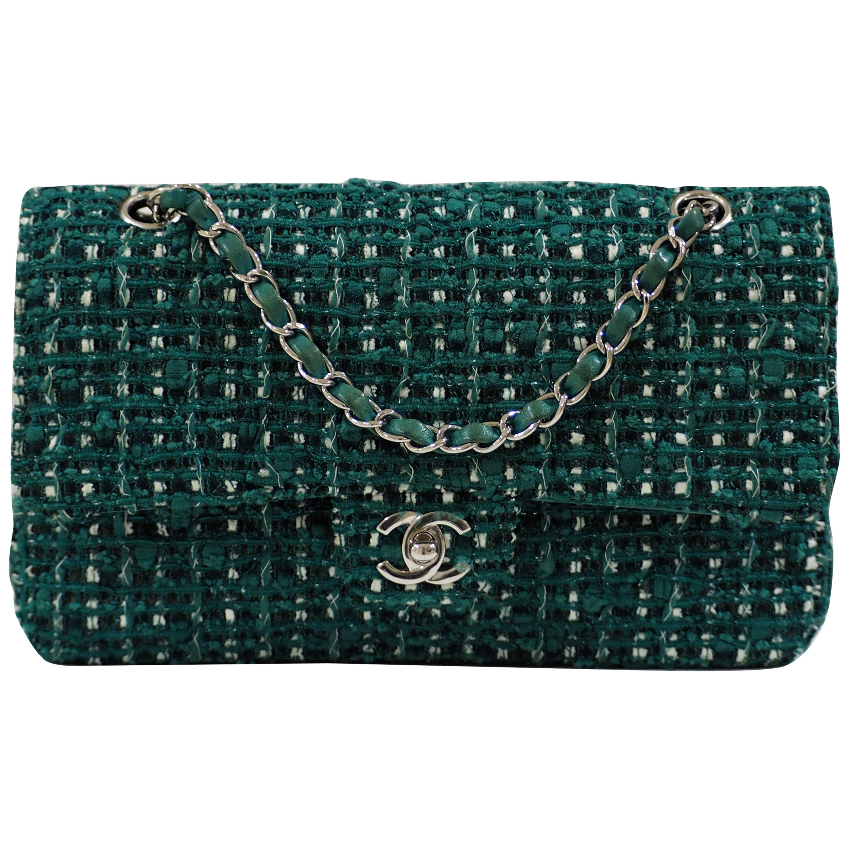 Chanel 2.55 green tweed shoulder bag