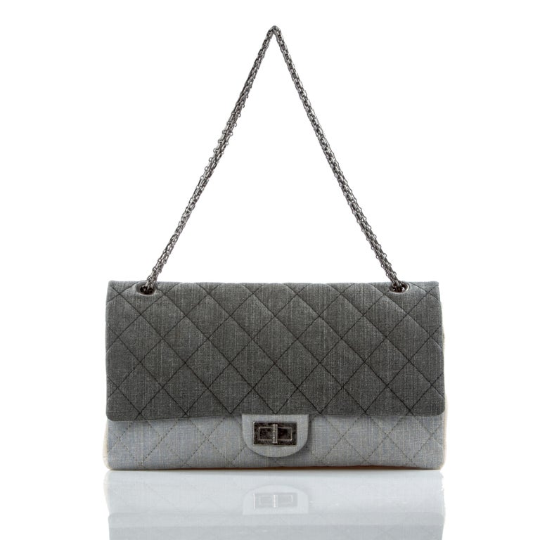 Chanel 2.55 Grey Reissue Canvas Denim Classic Double Flap Maxi Limited  Edition For Sale at 1stDibs