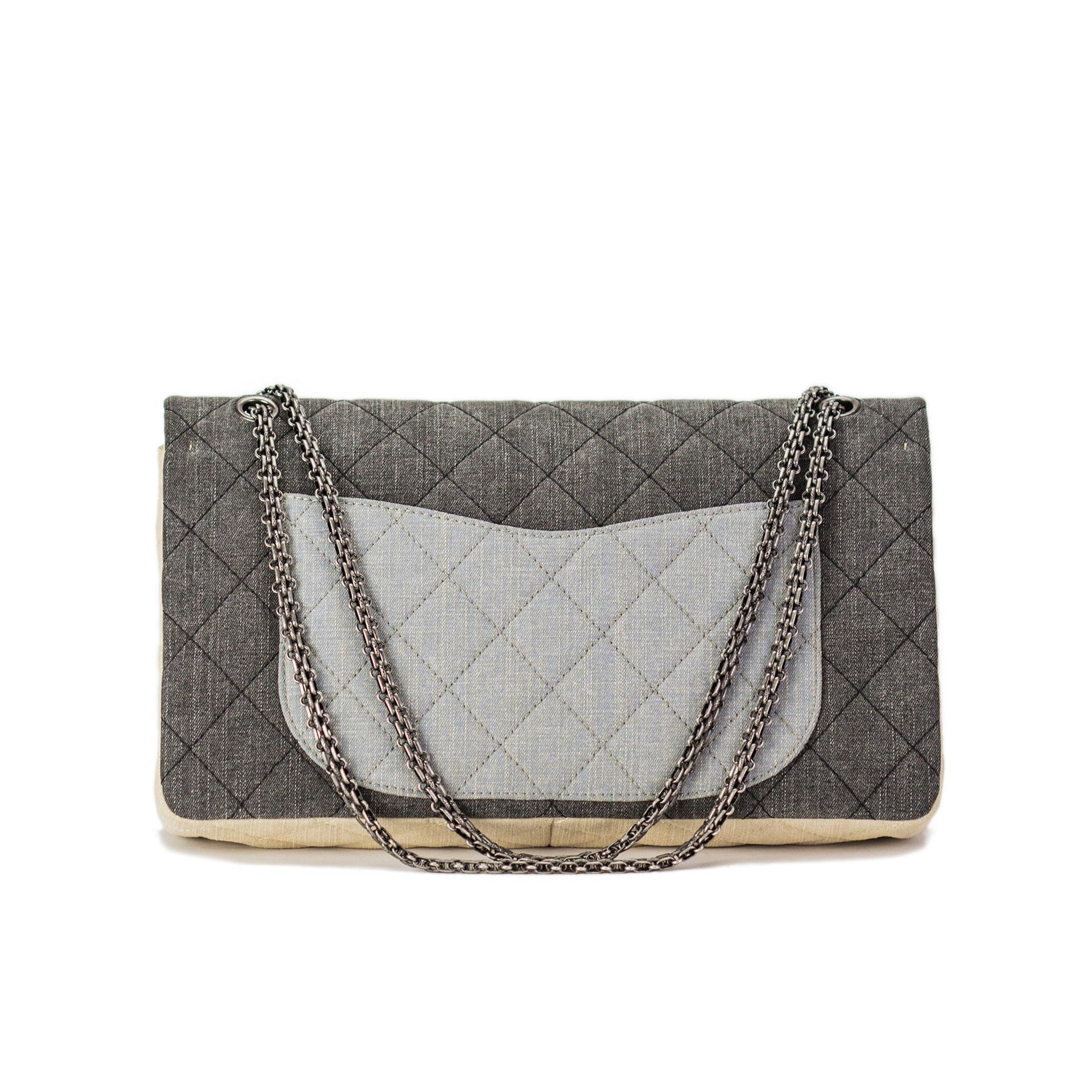 Chanel 2.55 Grey Reissue Canvas Denim Classic Double Flap Maxi Limited Edition  In Good Condition For Sale In Miami, FL