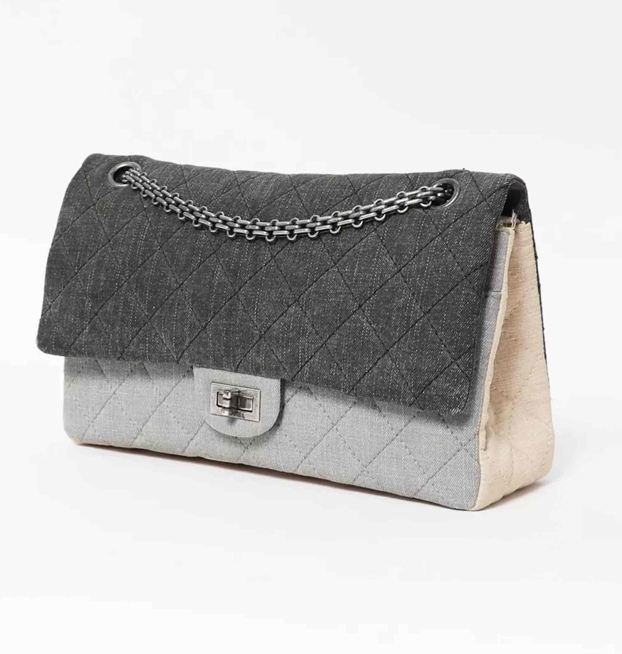 Black Chanel 2.55 Grey Reissue Canvas Denim Classic Double Flap Maxi Limited Edition  For Sale