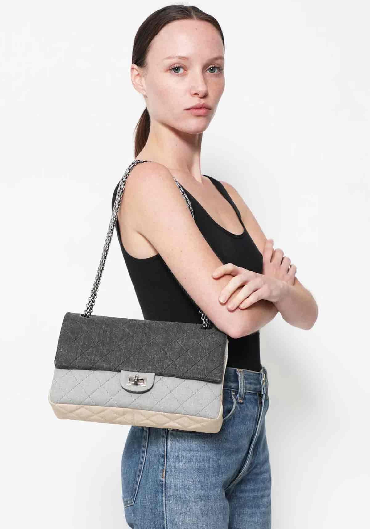 Chanel 2.55 Grey Reissue Canvas Denim Classic Double Flap Maxi Limited Edition  For Sale 2