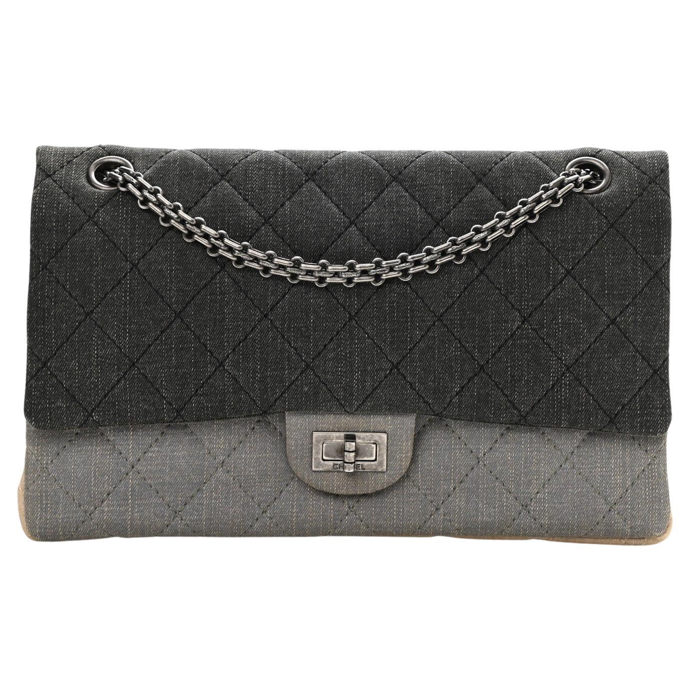 Chanel 2.55 Grey Reissue Canvas Denim Small Classic Double Flap Limited Edition For Sale