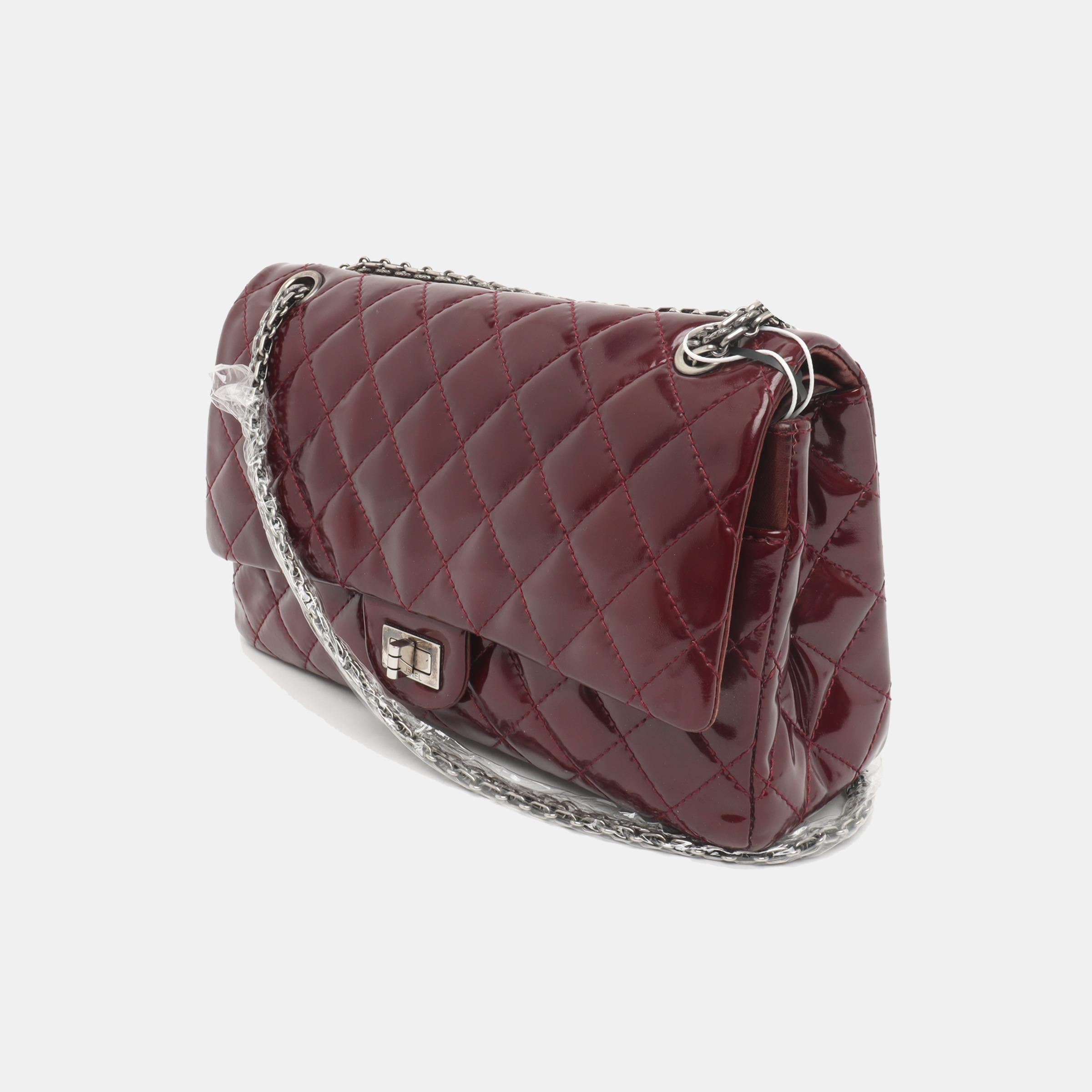 Black Chanel 2.55 Jumbo Double Flap Burgundy Patent Leather Silver HW 2010