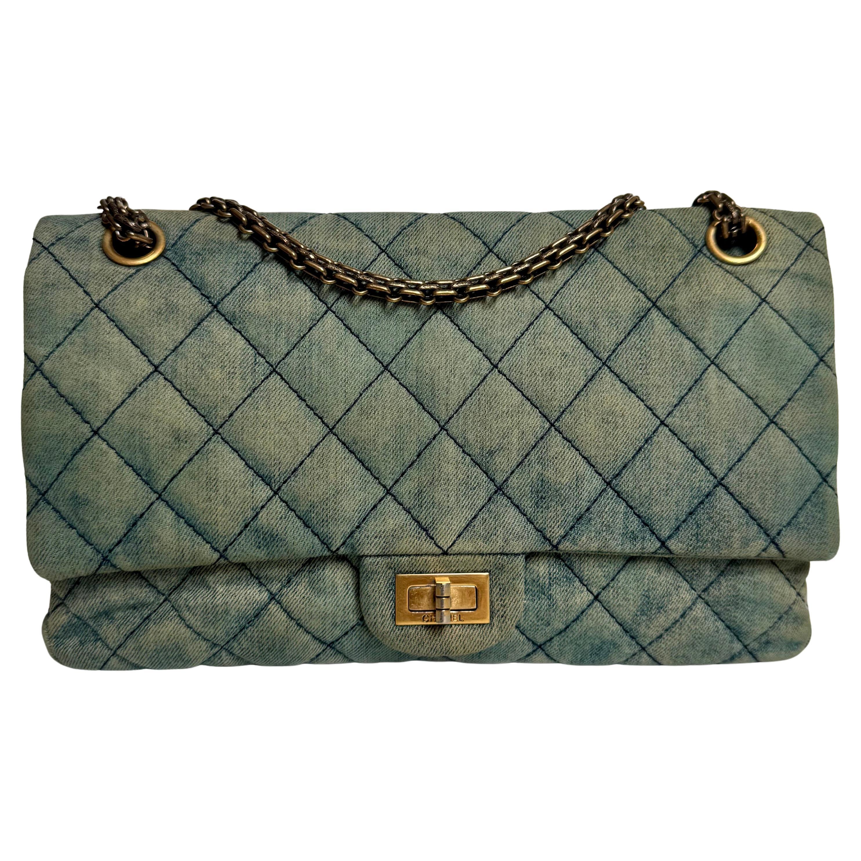 Chanel 2.55 Jumbo Double Flap Denim Gold-tone Hardware 2012 For Sale