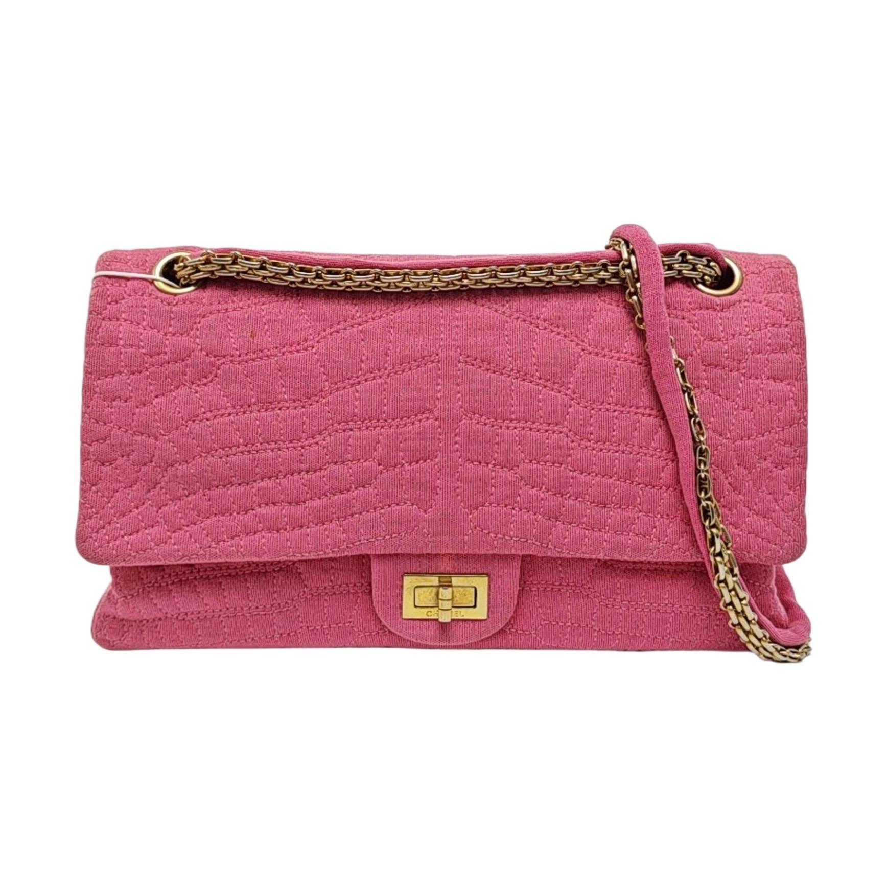 Chanel 2.55 Jumbo Double Flap Pink Fabric Crocodile Print Gold-tone Hardware
