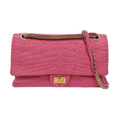 Chanel 2.55 Jumbo Double Flap Pink Fabric Crocodile Print Gold-tone Hardware