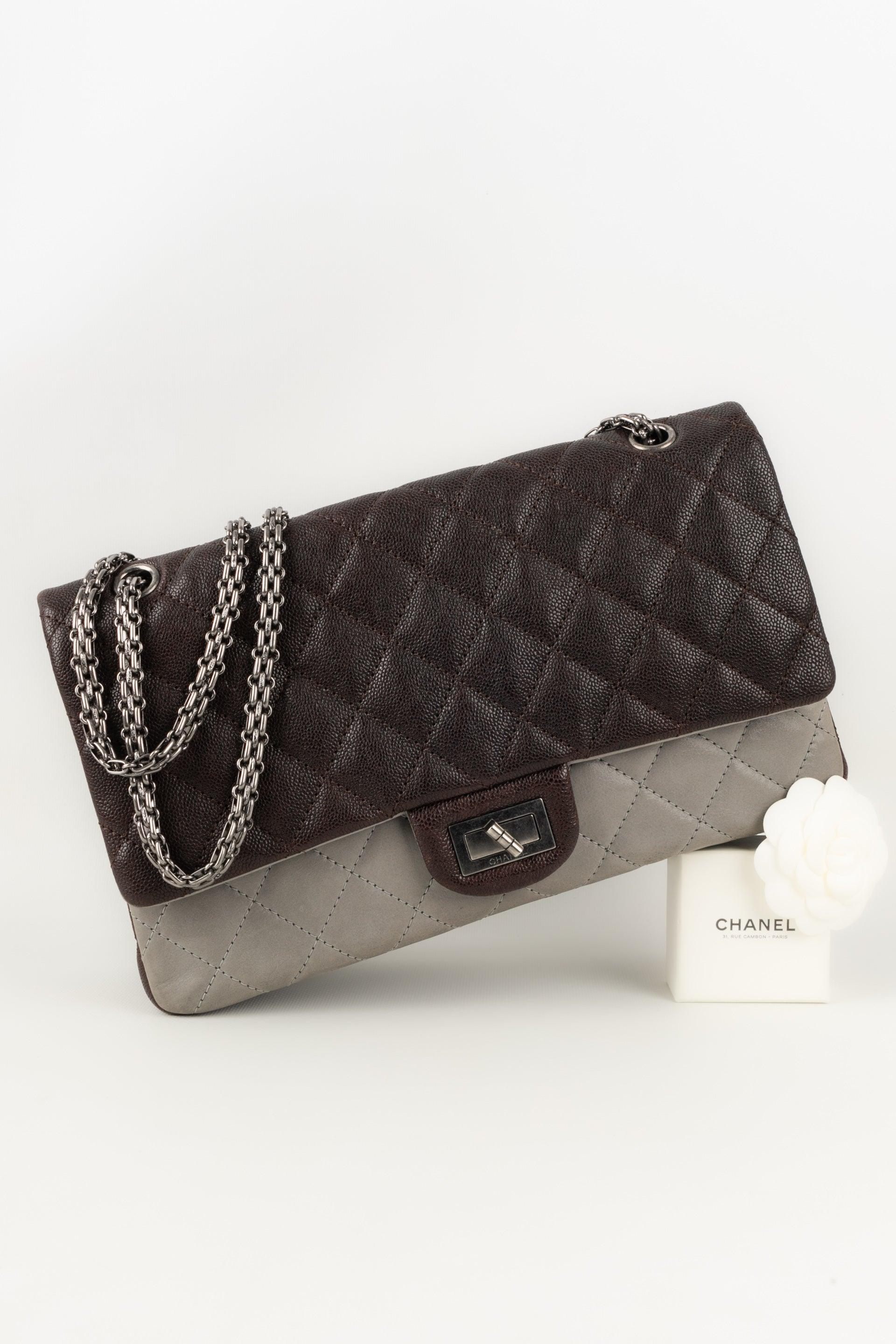 Chanel 2.55 Leather & Grain Leather Bag with Silvery Metal Elements, 2010/2011 For Sale 6