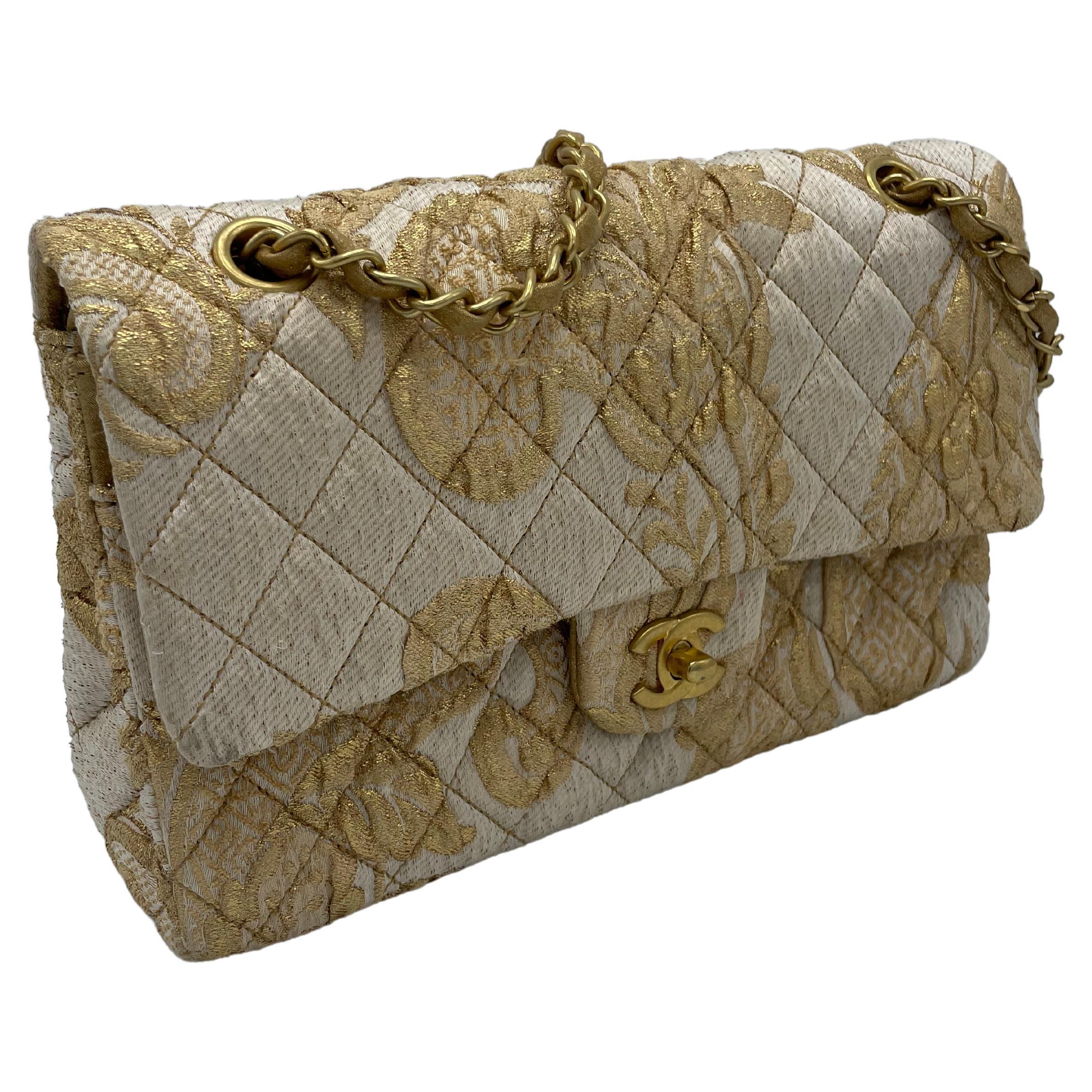 Chanel 2.55 Medium Flap Bag Gold Canvas For Sale 3