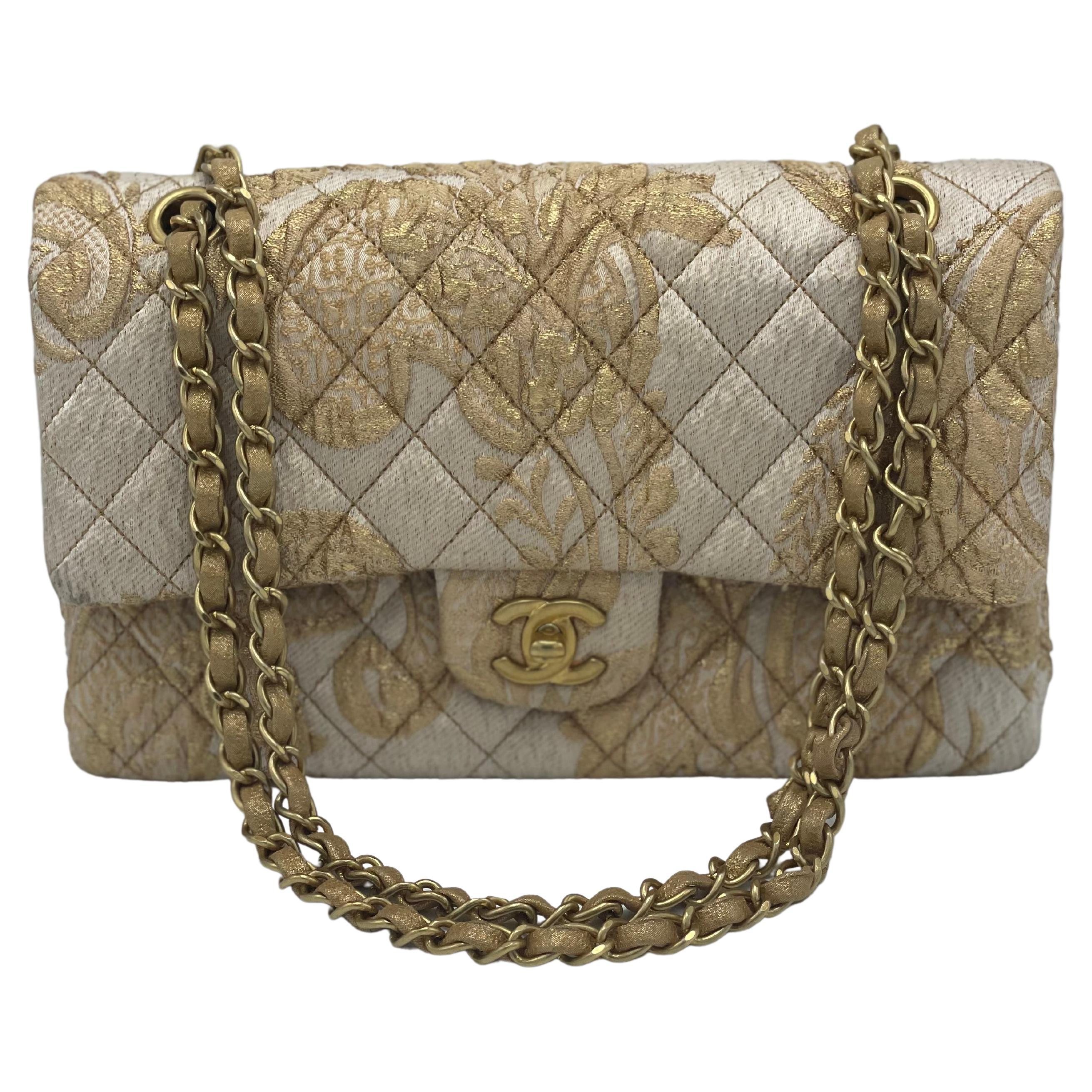 Chanel 2.55 Medium Flap Bag Gold Canvas For Sale 4