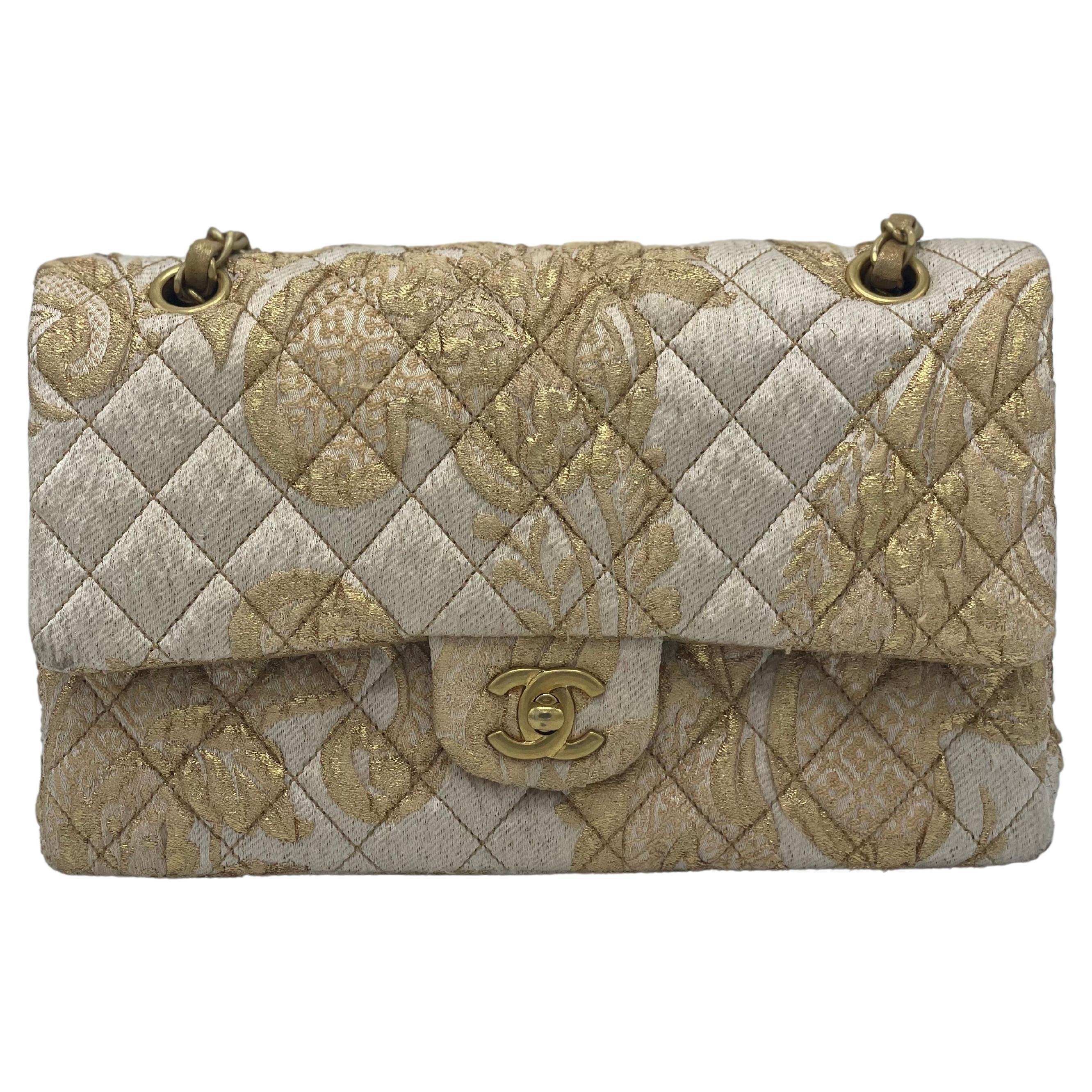 Chanel 2.55 Medium Flap Bag Gold Canvas For Sale 5