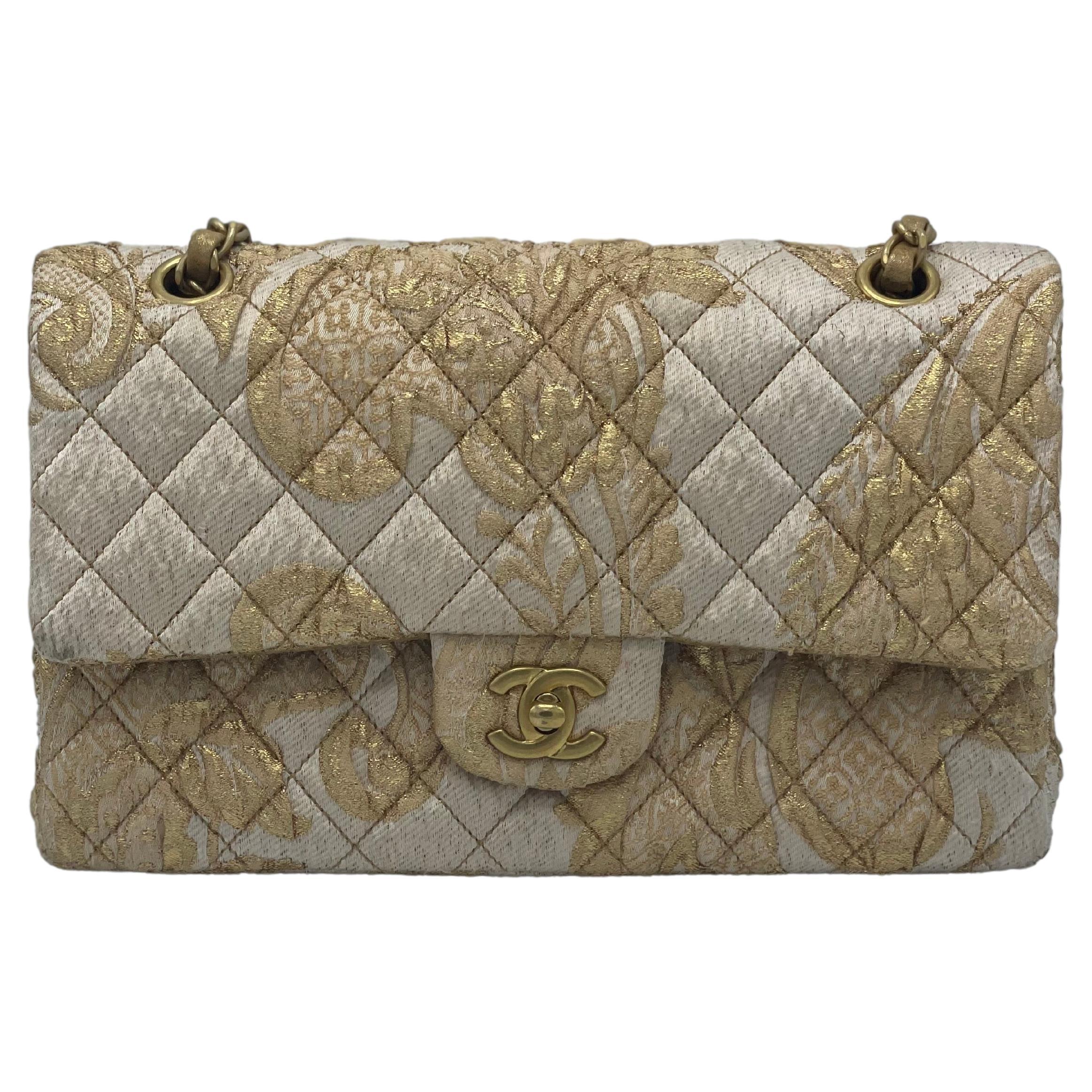Chanel 2.55 Medium Flap Bag Gold Canvas For Sale 6