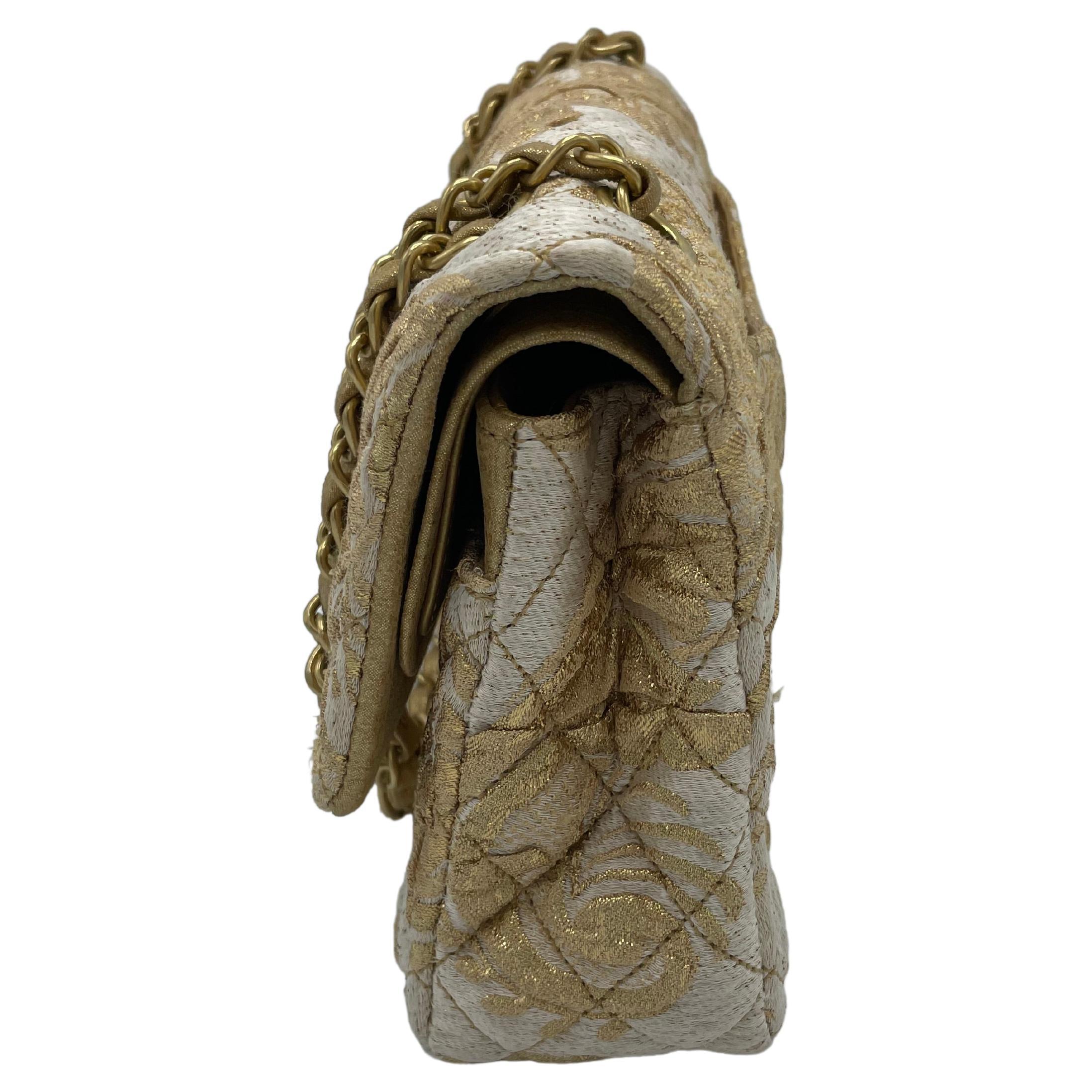 Chanel 2.55 Medium Flap Bag Gold Canvas In Good Condition For Sale In Palm Beach, FL