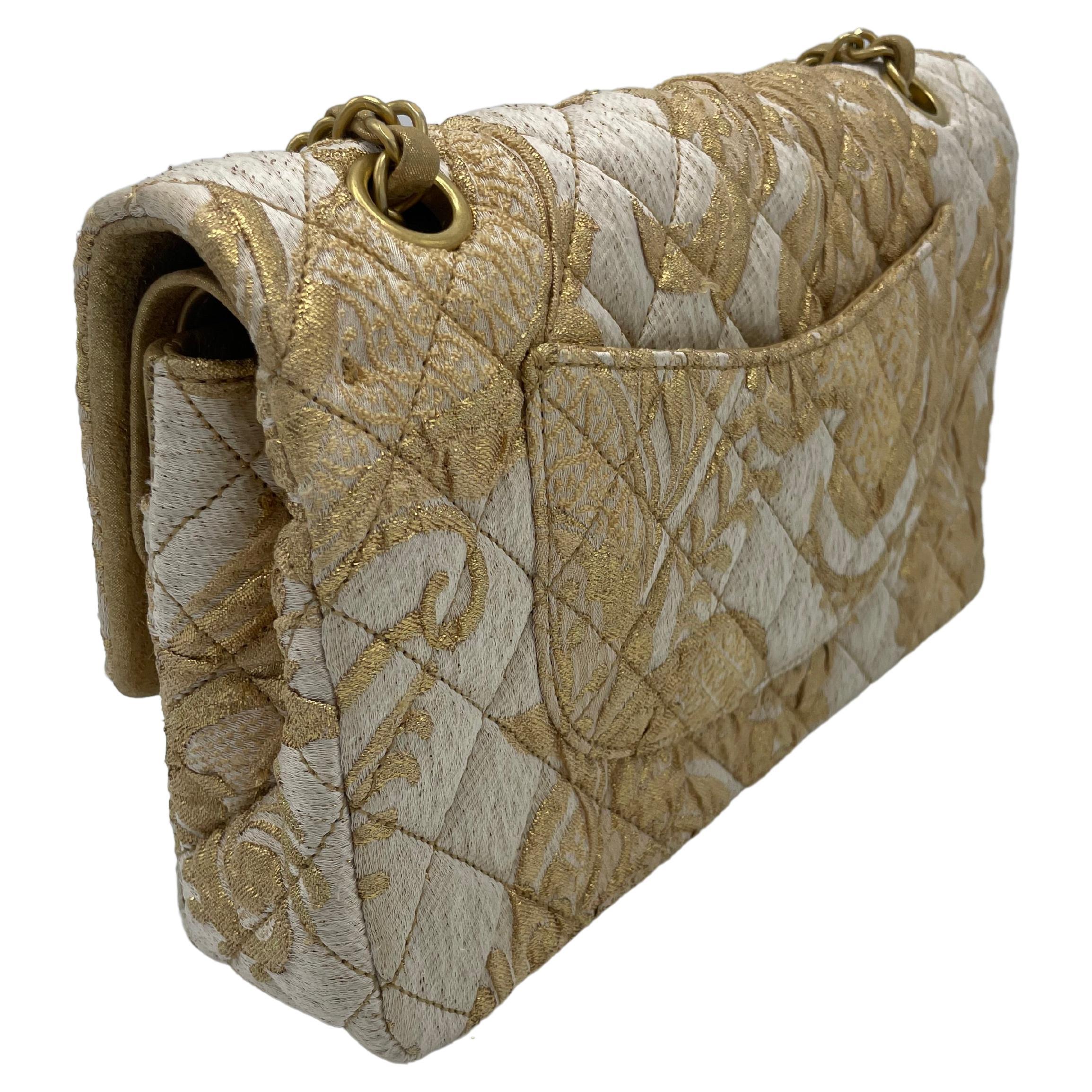 Women's or Men's Chanel 2.55 Medium Flap Bag Gold Canvas For Sale
