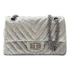 Chanel 2.55 Mini Chevron Stitching Silver Patterned Calfskin Leather Silver HW