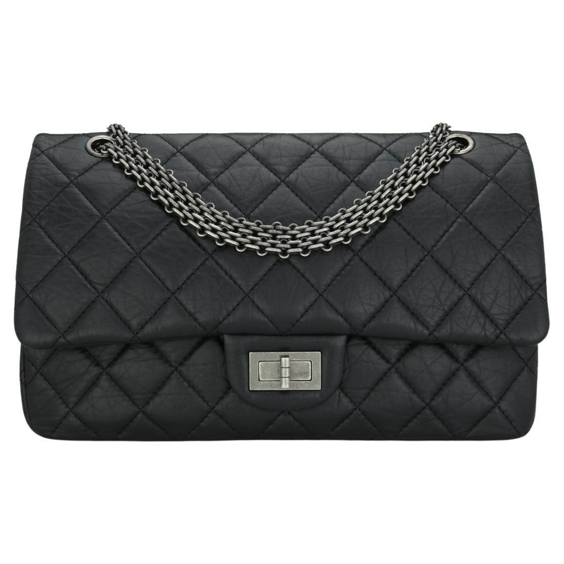 CHANEL 2.55 Reissue 227 Flap Bag Black Aged Calfskin Ruthenium Hardware 2014 For Sale