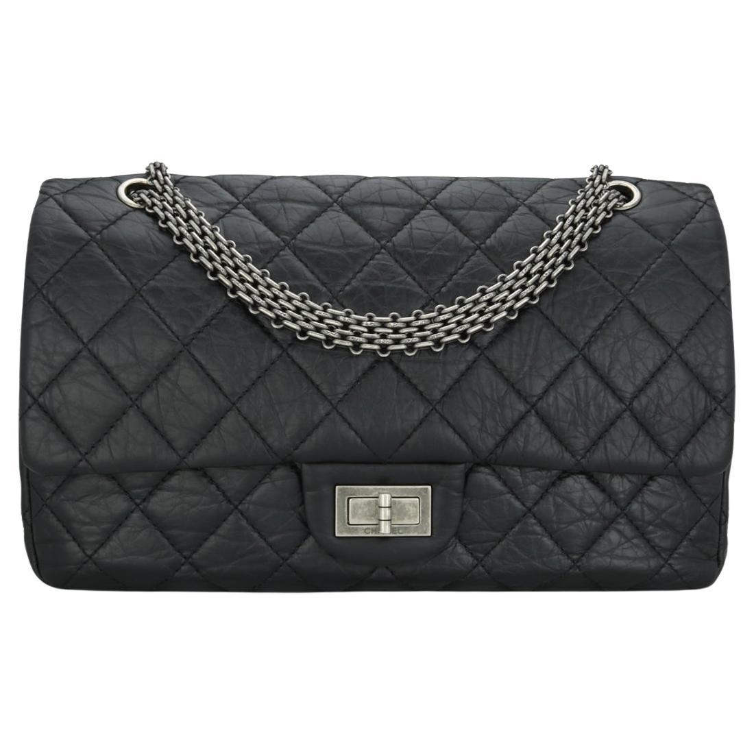 CHANEL 2.55 Reissue 227 Flap Bag Black Aged Calfskin Ruthenium Hardware 2014 For Sale