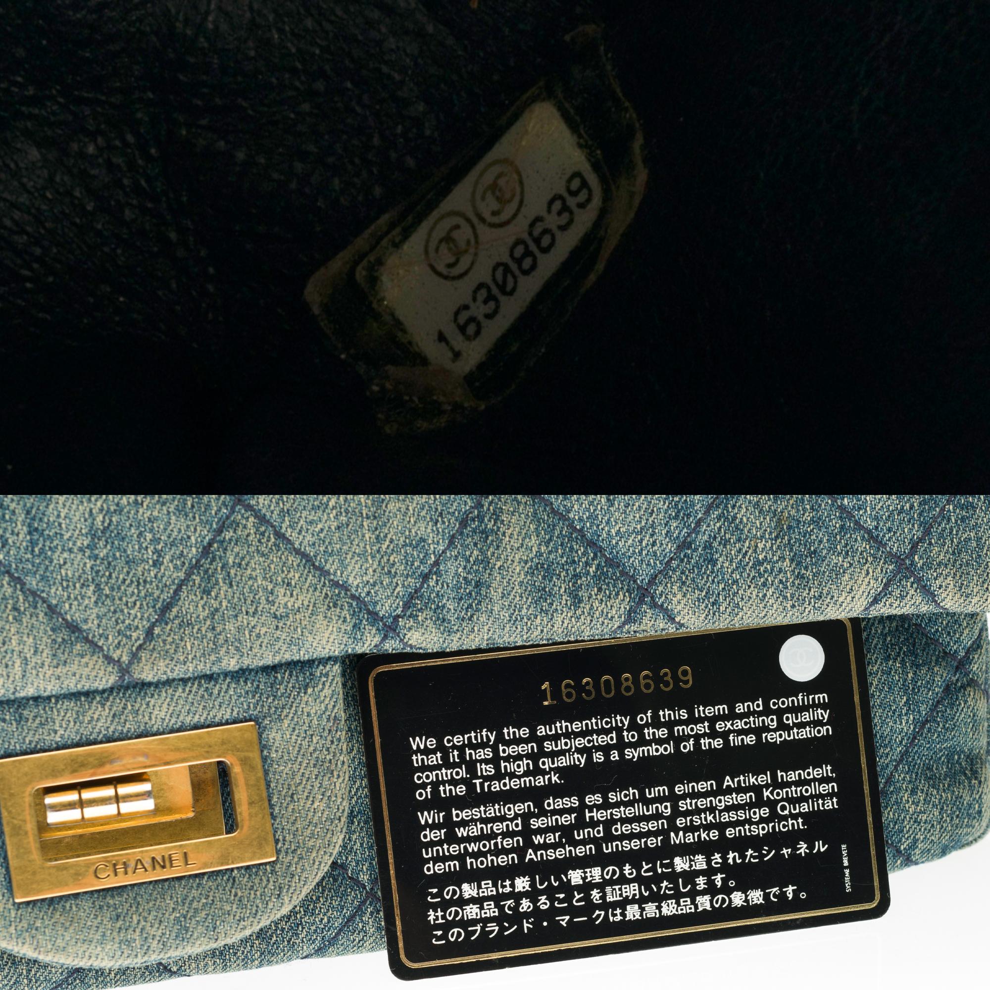 Gray Chanel 2.55 Reissue 227 handbag in blue quilted denim with bronze hardware