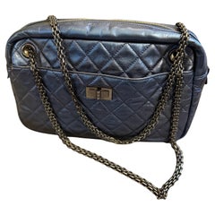 Iconic Chanel 2.55 Blue Metallic Leather and Black Chain Shoulder Bag