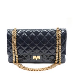 Chanel Medium Double Flap Bag Navy Blue Quilted Patent Leather w/Gold Hardware