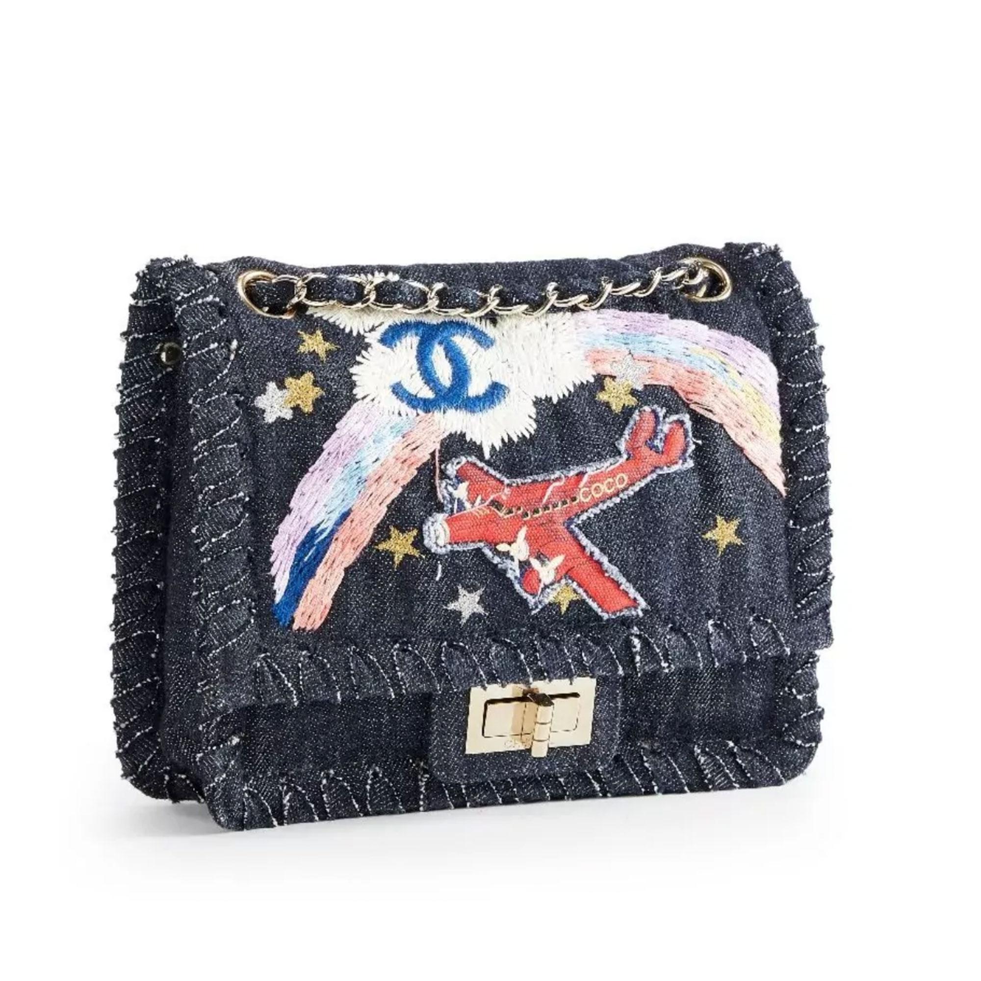 Chanel 2.55 Reissue Limited Edition Airplanes Flap Blue Denim Shoulder Bag For Sale 1