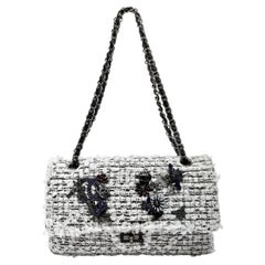 Chanel 2.55 Reissue Med White Black Tweed Garden Charms