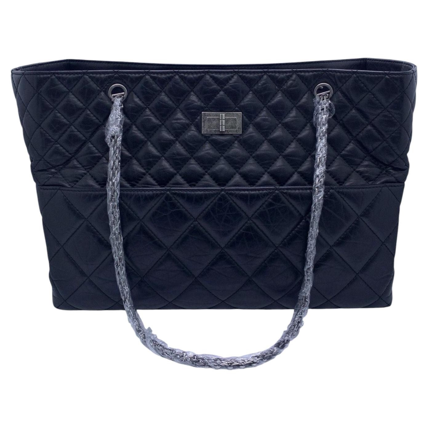 Chanel 2.55 Reissue Shopping Tote Bag Calfskin Black Silver Hardware 14 Series