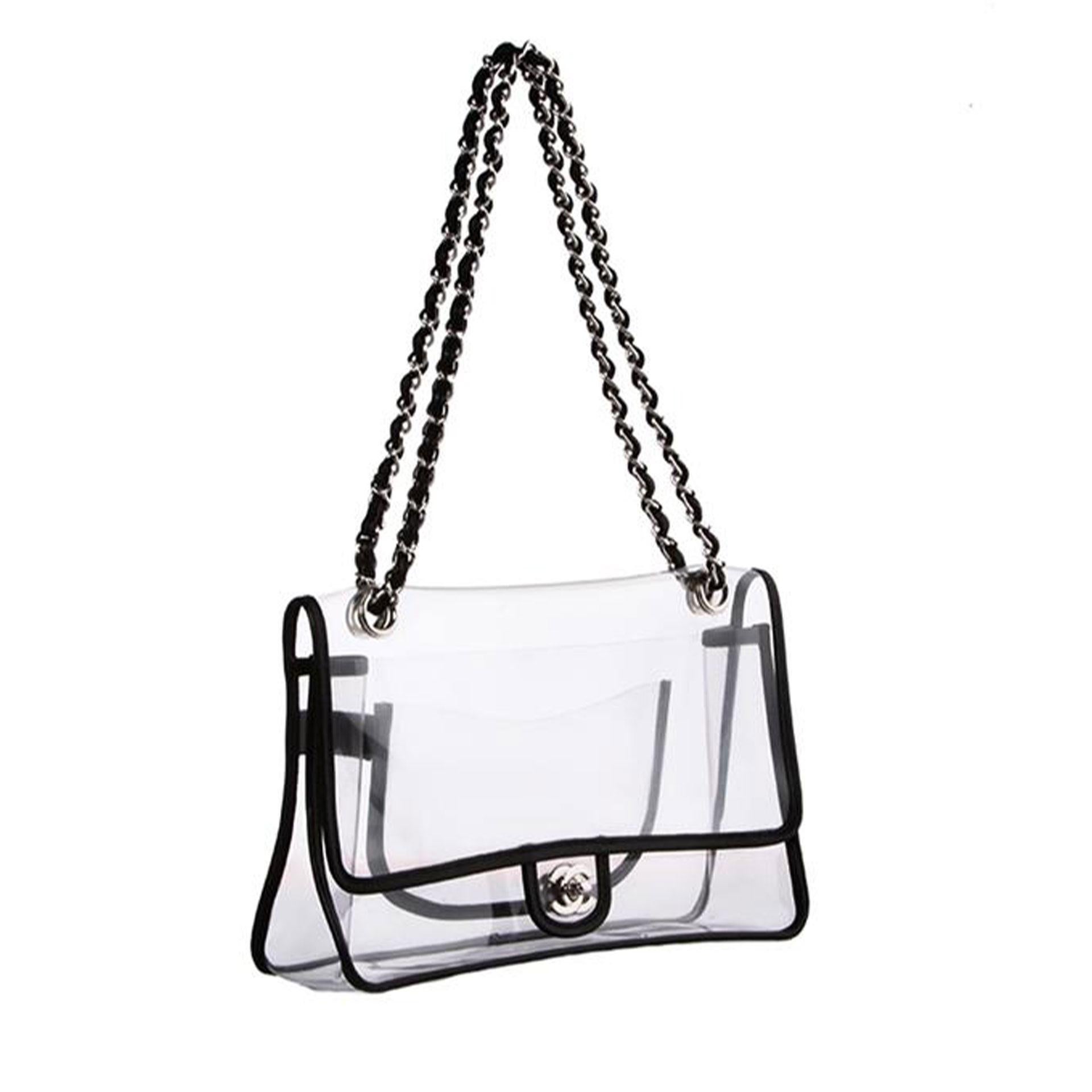 Chanel Transparent Classic 2.55 Flap Vintage Clear Naked Flap

Sac à rabat moyen classique transparent de Chanel avec passepoil en cuir d'agneau noir. La chaîne en agneau noir entrelacé de Chanel peut être portée à l'épaule, à l'épaule simple