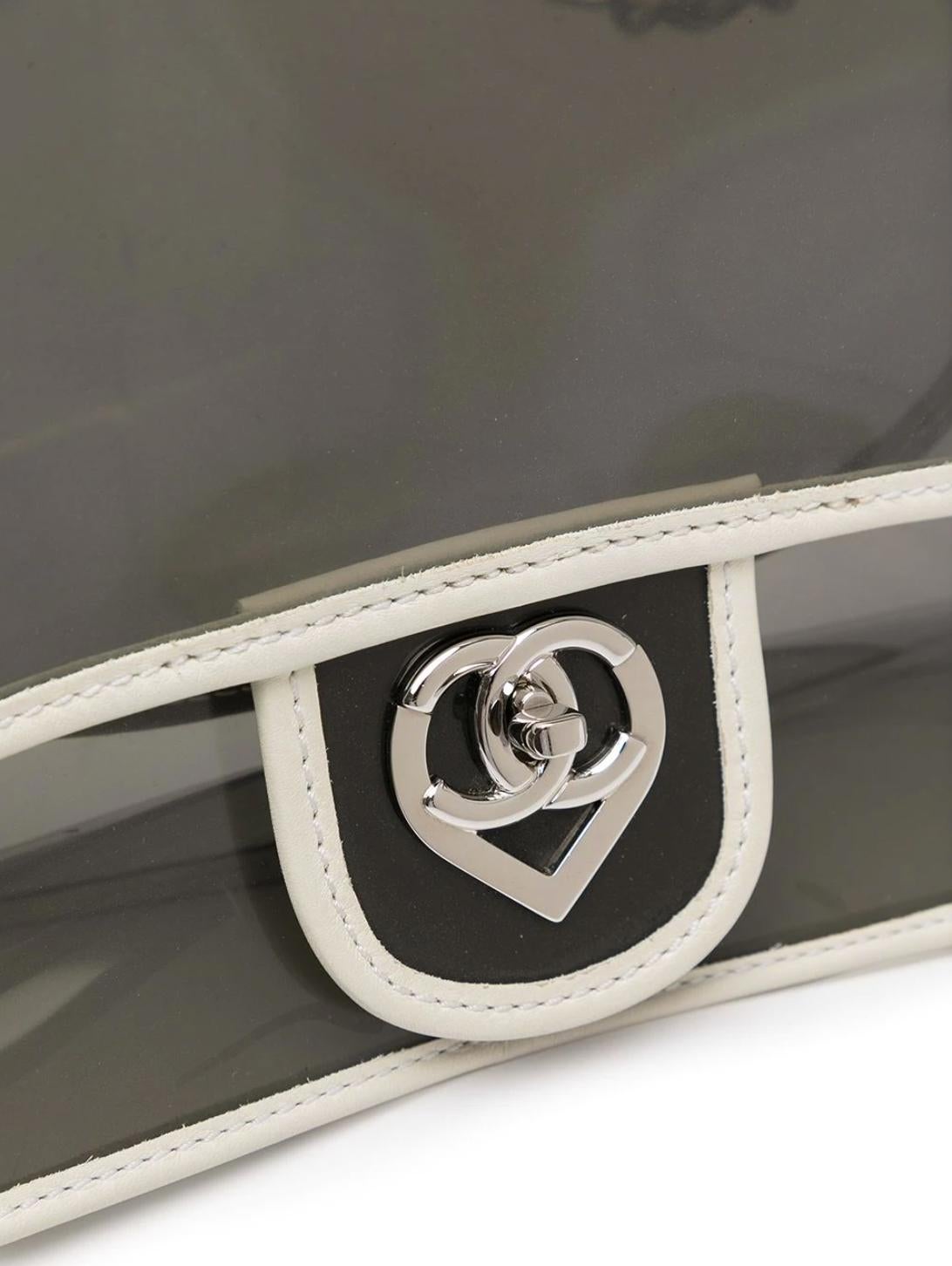 Chanel Transparent Classic 2.55 Heart Flap Vintage Grey Tone Clear and White

Chanel transparent classic flap in clear and white hues. With a transparent design, this piece is punctuated by its transparent style. Featuring a twist lock fastening, a