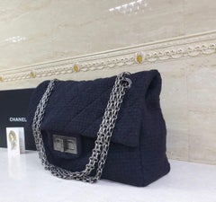 Chanel 2.55 Reissue Xxl Quilted Maxi Jetsetter Black Tweed Shoulder Bag