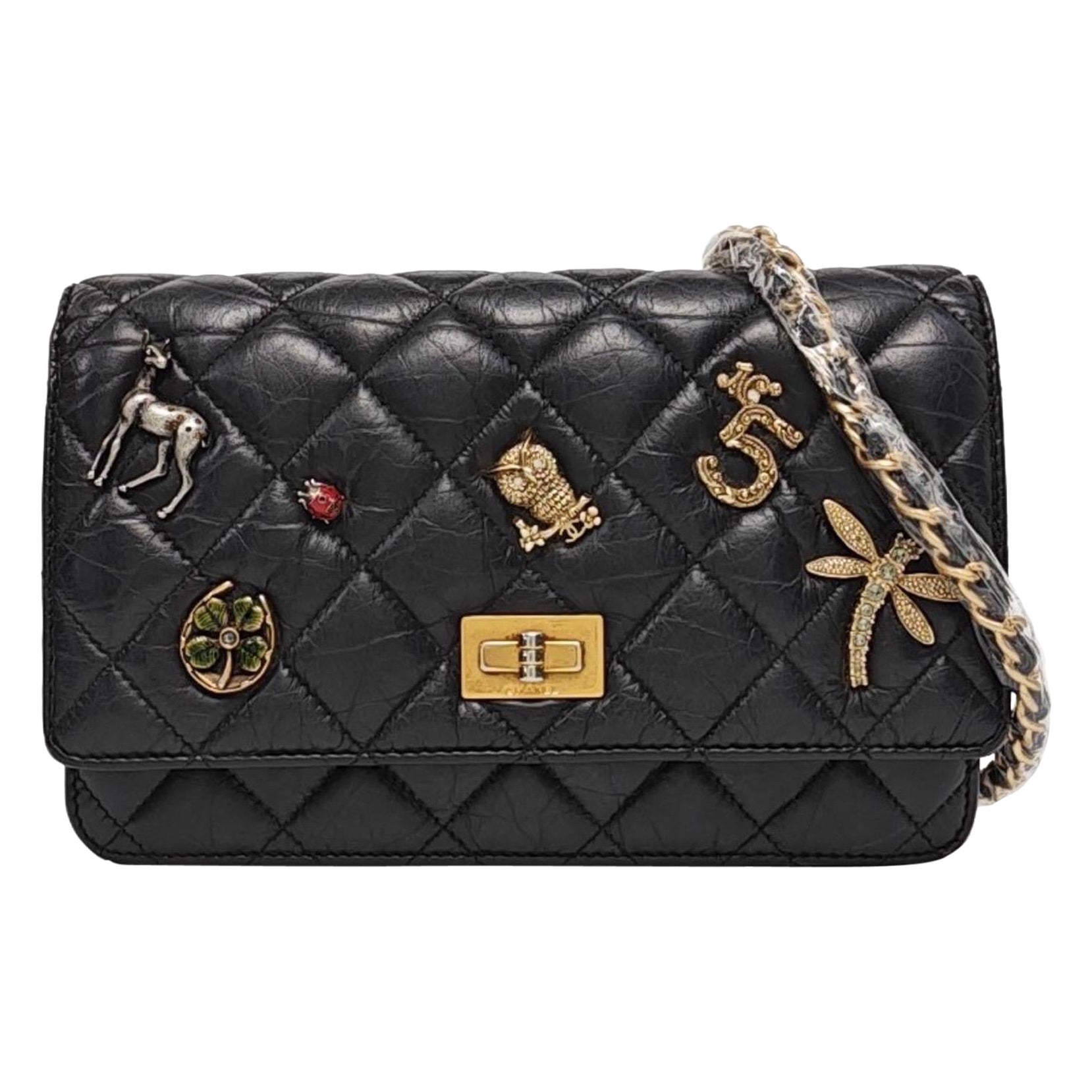Chanel 2.55 Wallet on Chain Quilted Black Calfskin Leather Beatles Charms Gold For Sale