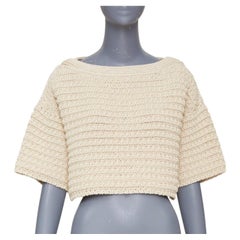 CHANEL 25C Runway garter stitch boat neck oat beige cropped knit top FR36 S