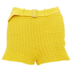 CHANEL 25C Runway yellow textured openwork knit belted shorts FR34 XS