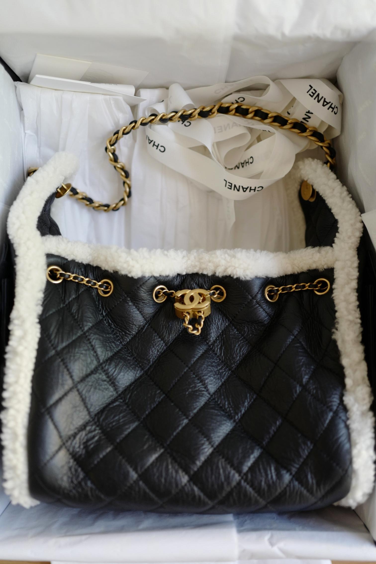 La borsa Chanel 25K Small Hobo in pelle di vitello nera con finiture in shearling è un pezzo accogliente e sofisticato della collezione A. Winter. Realizzata in lussuosa pelle di vitello nera, presenta accenti di shearling bianco che aggiungono un