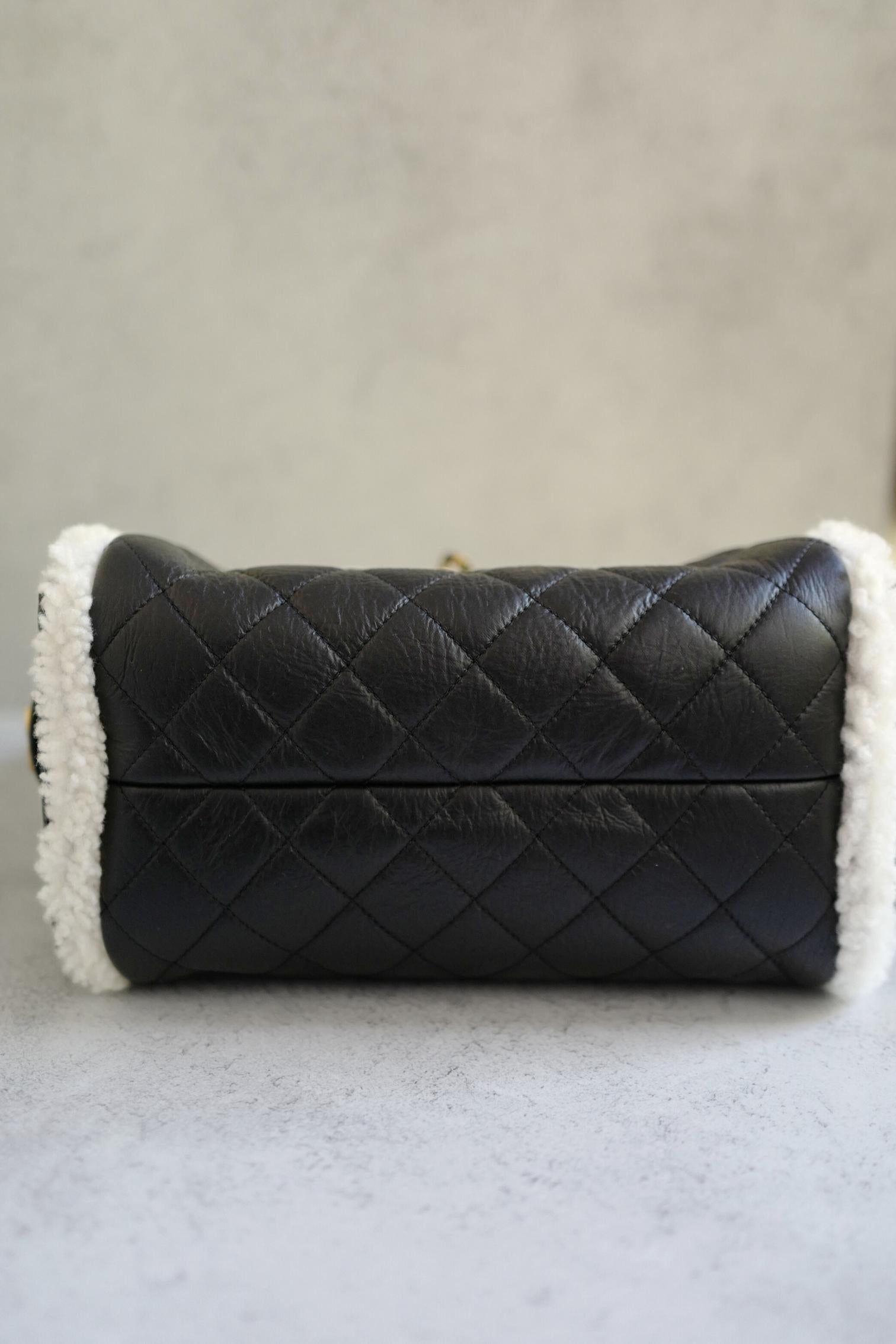 Donna Chanel 25K Borsa Hobo piccola in pelle di vitello nera con finiture in shearling bianco Hardware dorato in vendita