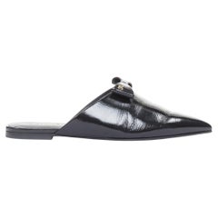 CHANEL 25P black patent leather silver CC logo bow pointy mule slippers EU37.5