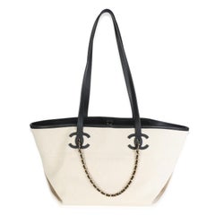 Chanel 26S Ecru Canvas Black Calfskin Small CC Shopping Tote Bag