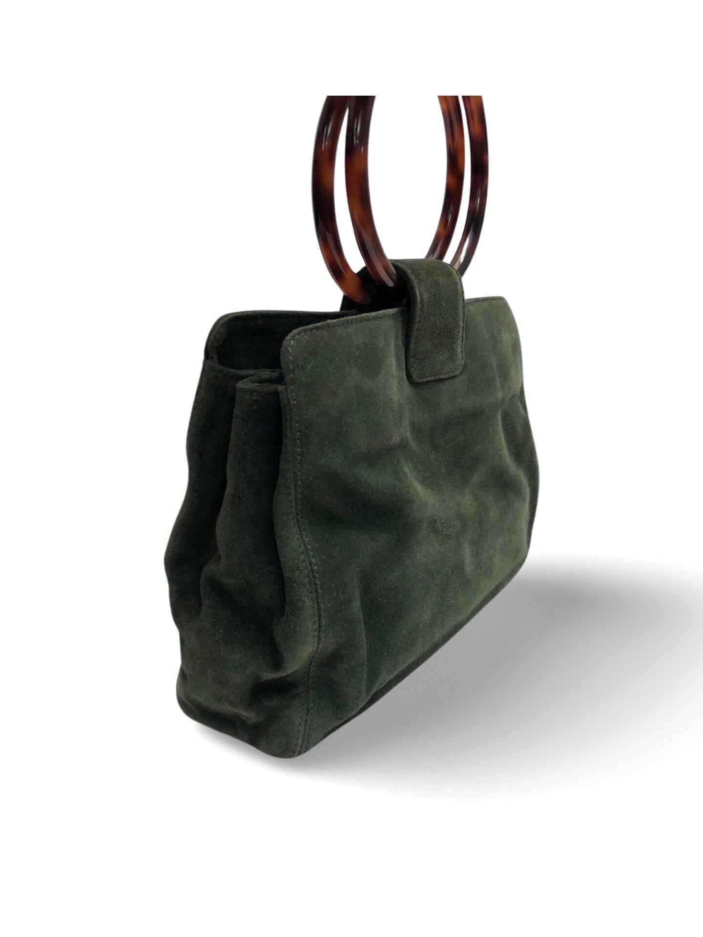 Women's or Men's Chanel 29cm Green Suede Tortoiseshell Handle Handbag For Sale