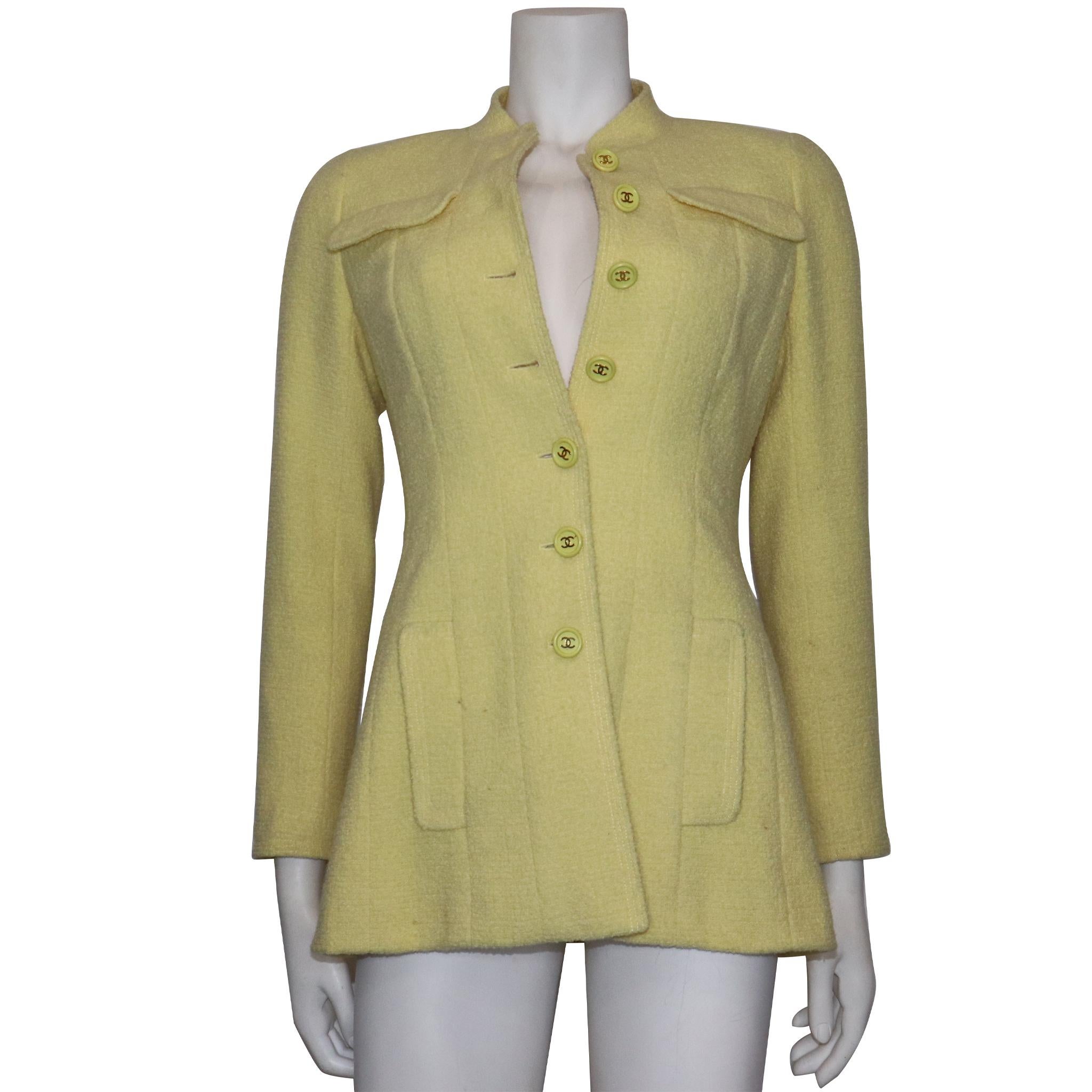 Chanel 2PC Yellow Skirt Suit w/  Mandarin Collar Circa 1990s 3