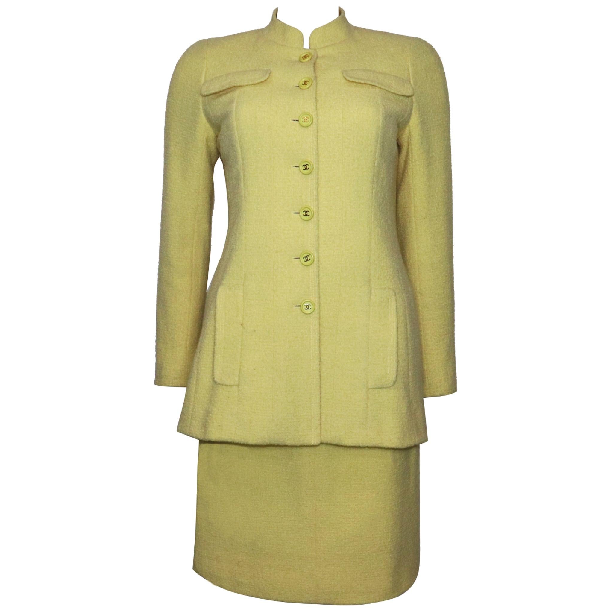 Chanel 2PC Yellow Skirt Suit w/  Mandarin Collar Circa 1990s