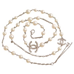 Chanel 3 CC White Pearl and Crystal Long Necklace