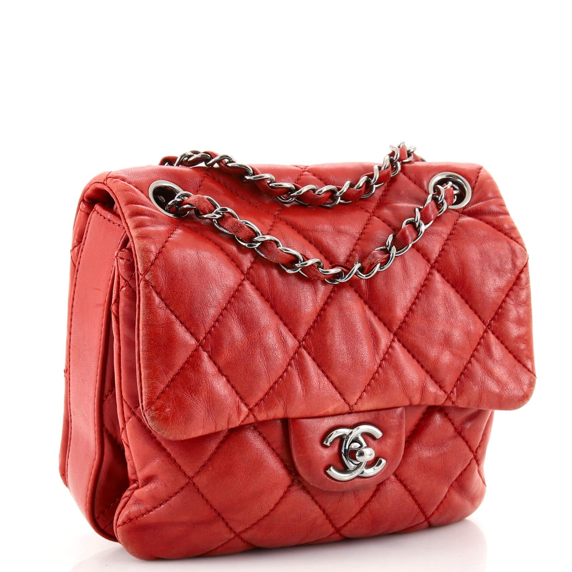 Red Chanel 3 Flap Bag Quilted Lambskin Mini
