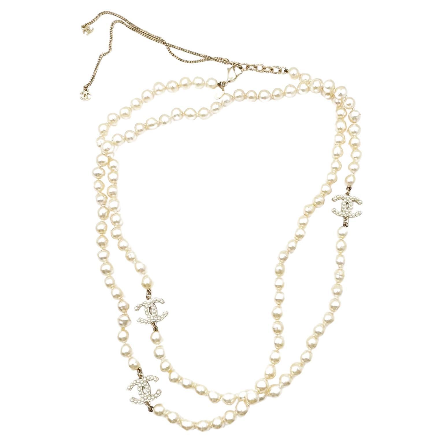 Chanel Pearl Gold 3 CC Faux Fresh Water Long Necklace Artisan