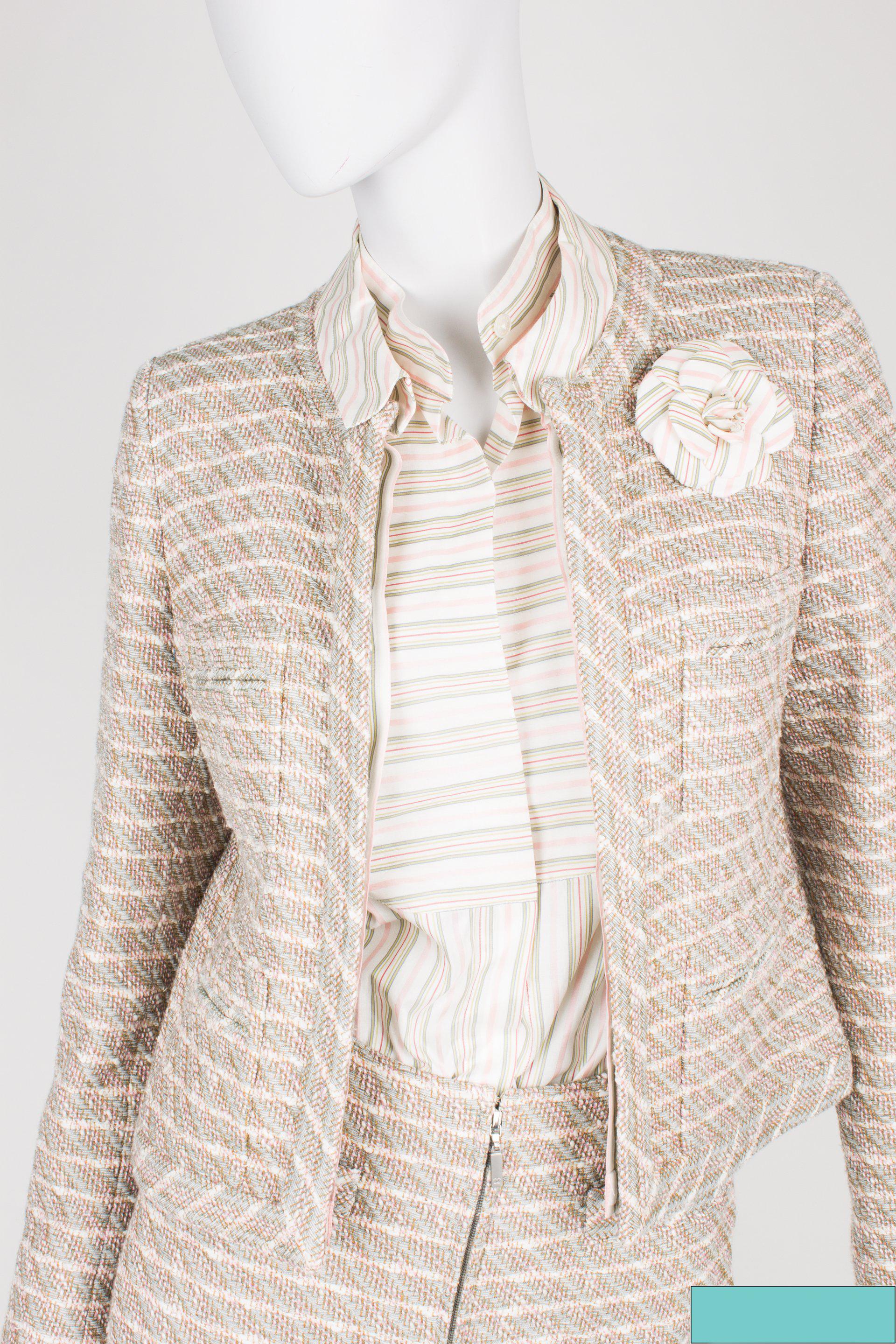 Chanel 3-pcs Suit Jacket, Skirt & Blouse - pink/green/gray/off-white 2003 For Sale 1