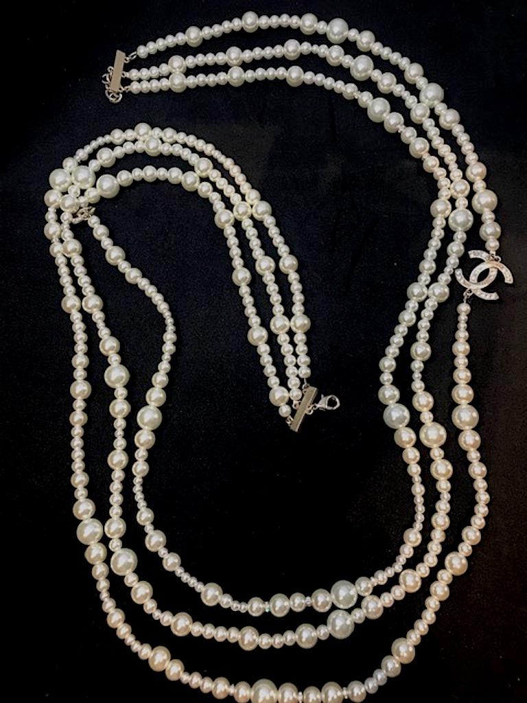 Chanel 3 Strand Long Pearl Necklace, 2018 In Excellent Condition In New York, NY