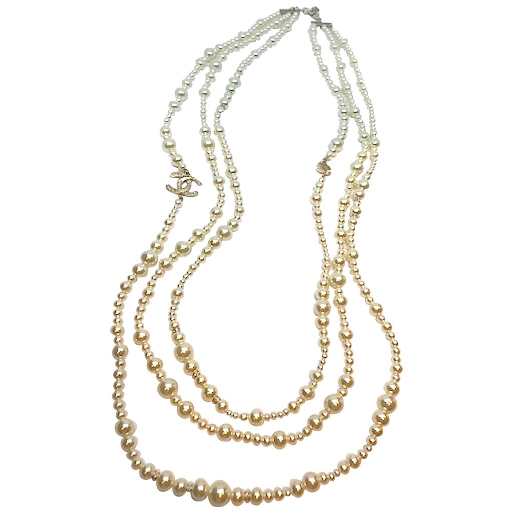 Chanel 3 Strand Long Pearl Necklace, 2018