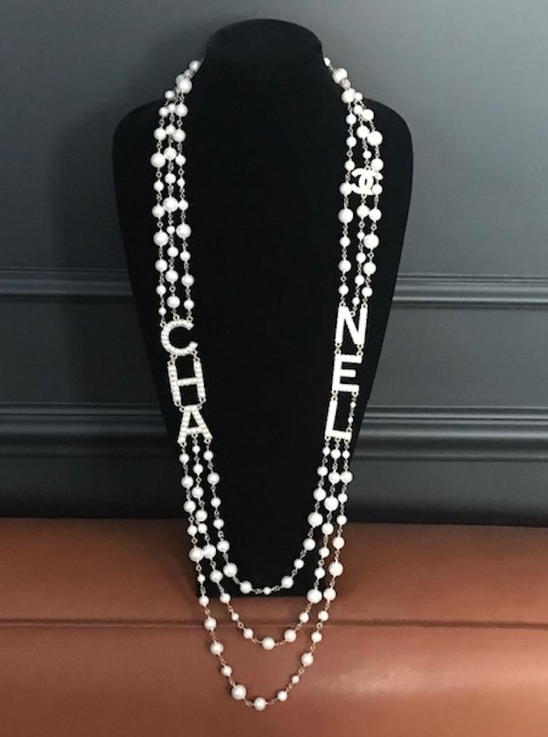 Chanel 3 Strand Pearl and C H A N E L Letters Necklace, 2018 Collection For Sale at 1stdibs