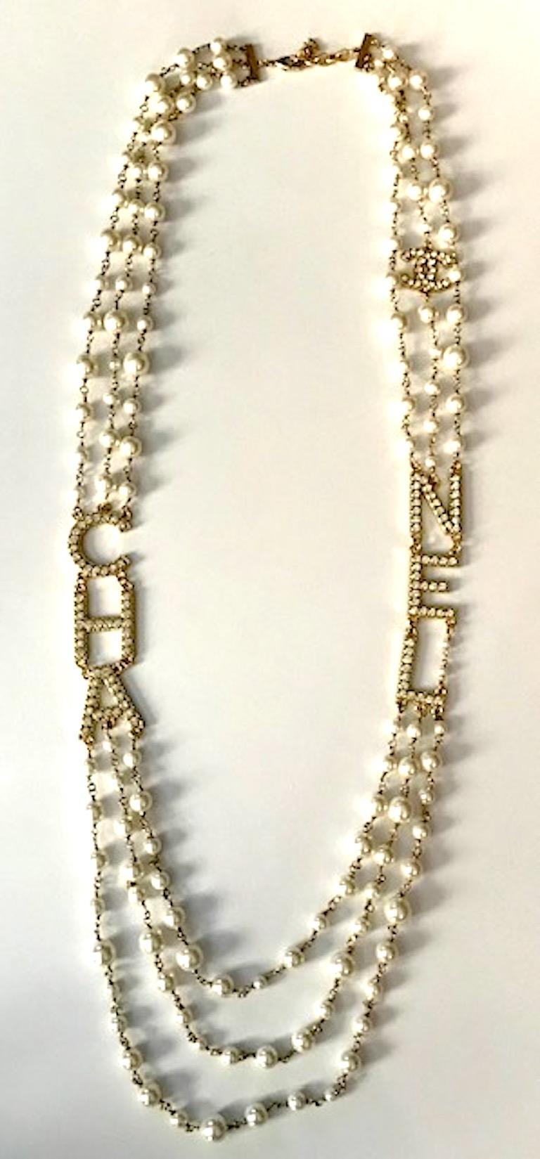 Chanel 3 Strand Pearl & C H A and N E L Letter Necklace, 2018 Collection 10